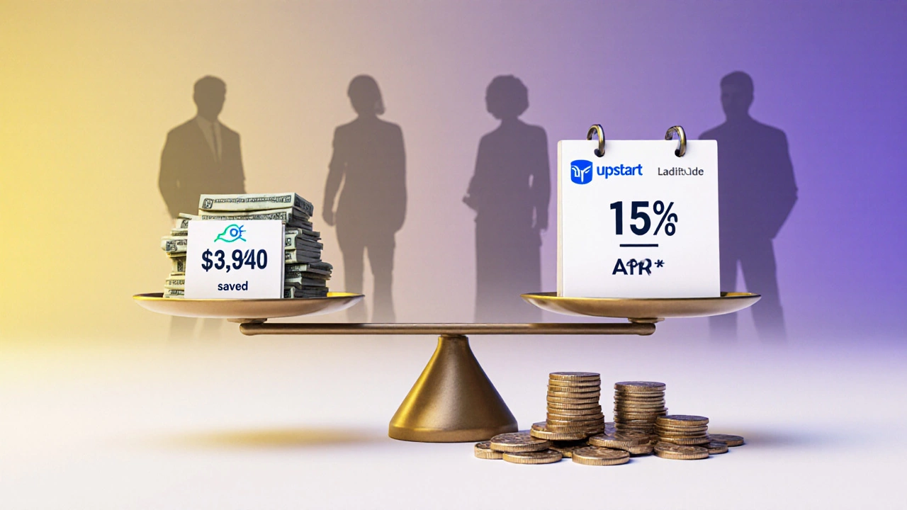 Balance scale showing savings from low APR versus cost of high APR over five years.