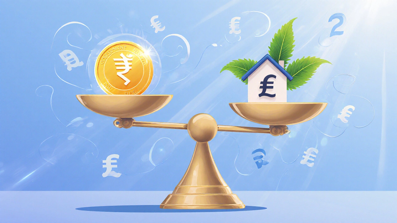 Balanced scale with NRE FD, bond, equity fund leaf, and house model, surrounded by currency symbols.