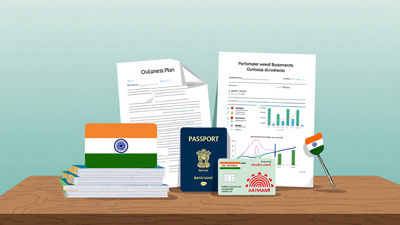 Desk layout showing passport, PAN, Aadhaar, bank statements, and business plan for loan application.