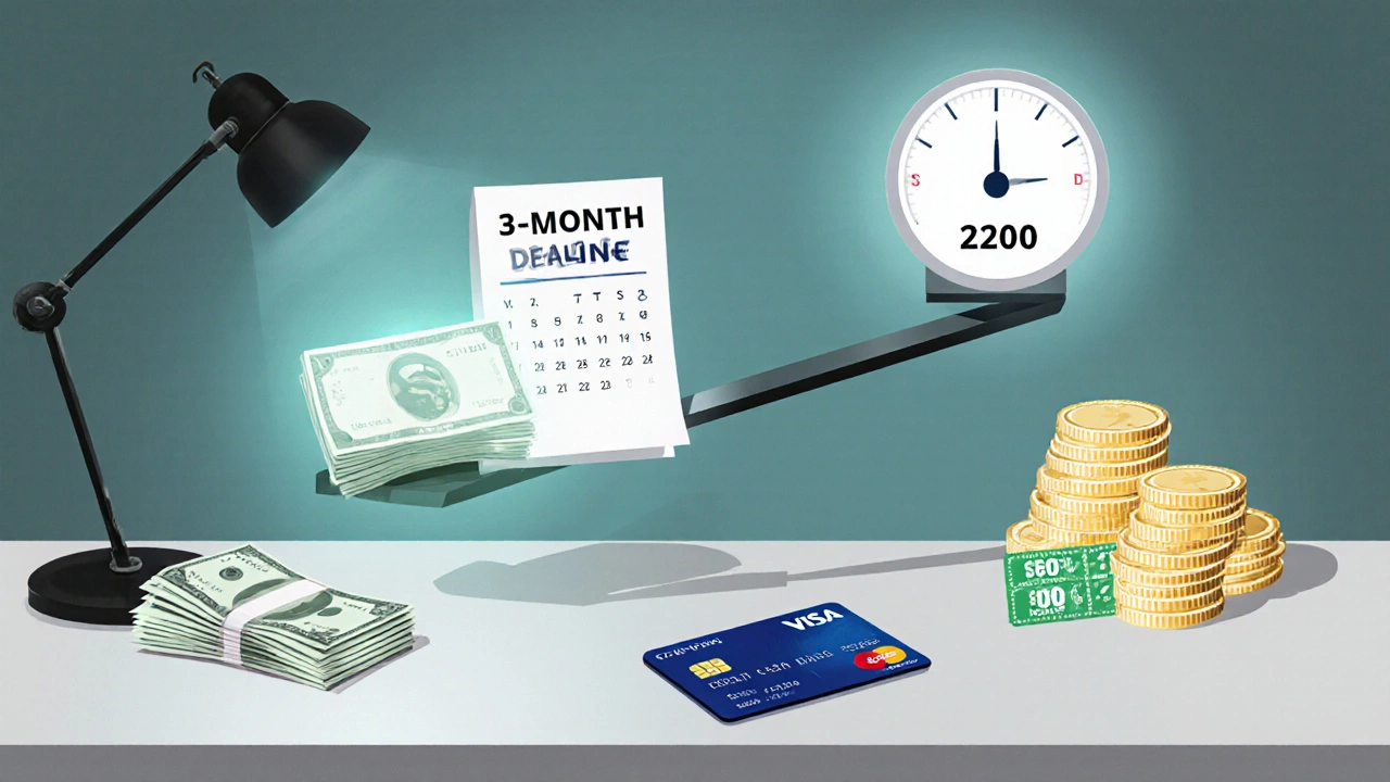 Desk scene with card, calendar, credit score gauge, cash and points options balanced.