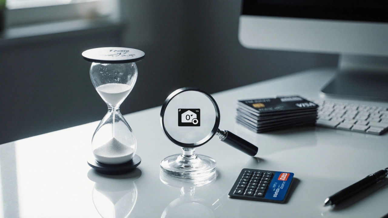 Desk with hourglass, magnifying glass, and credit cards illustrating credit age, hard inquiry, and zero utilization.