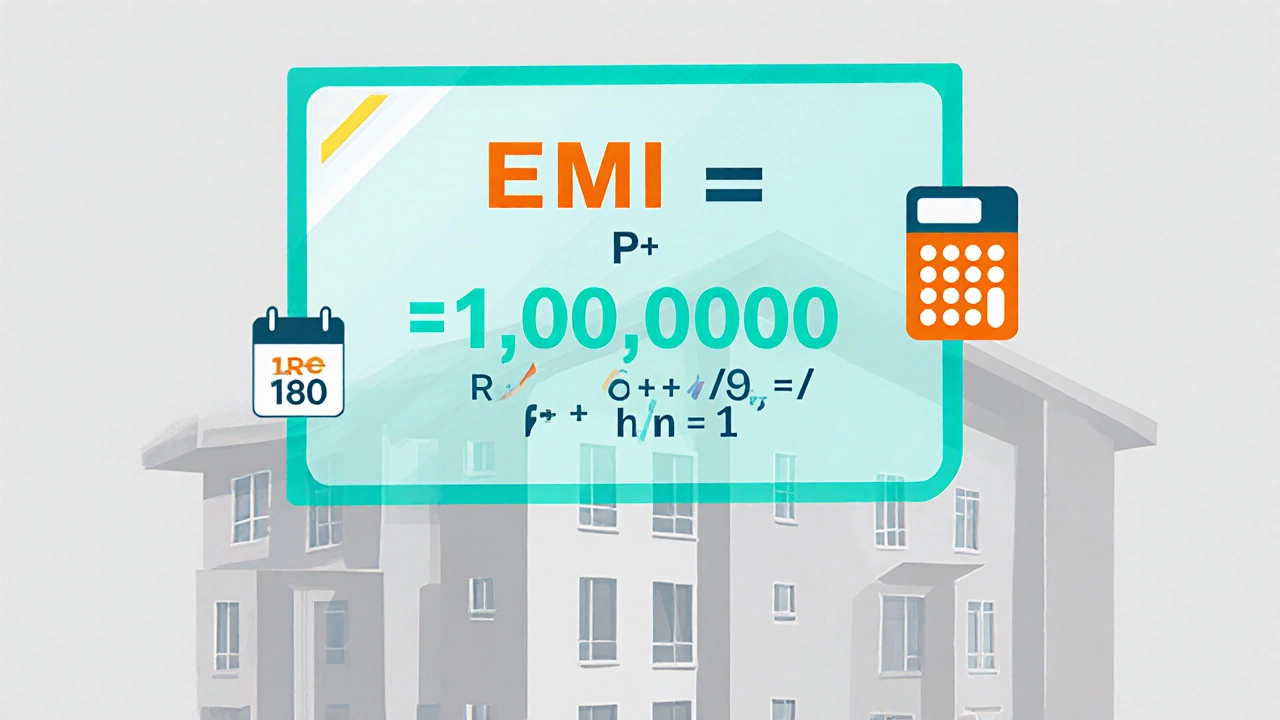 Digital screen shows EMI formula and numbers over a house outline.