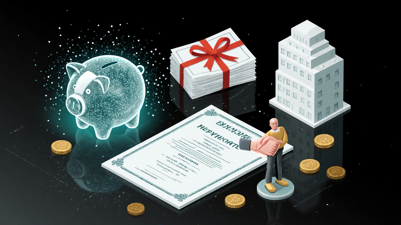 Flat‑lay of a piggy bank, term‑deposit certificate, bond papers, handshake, and REIT model arranged on a dark surface.