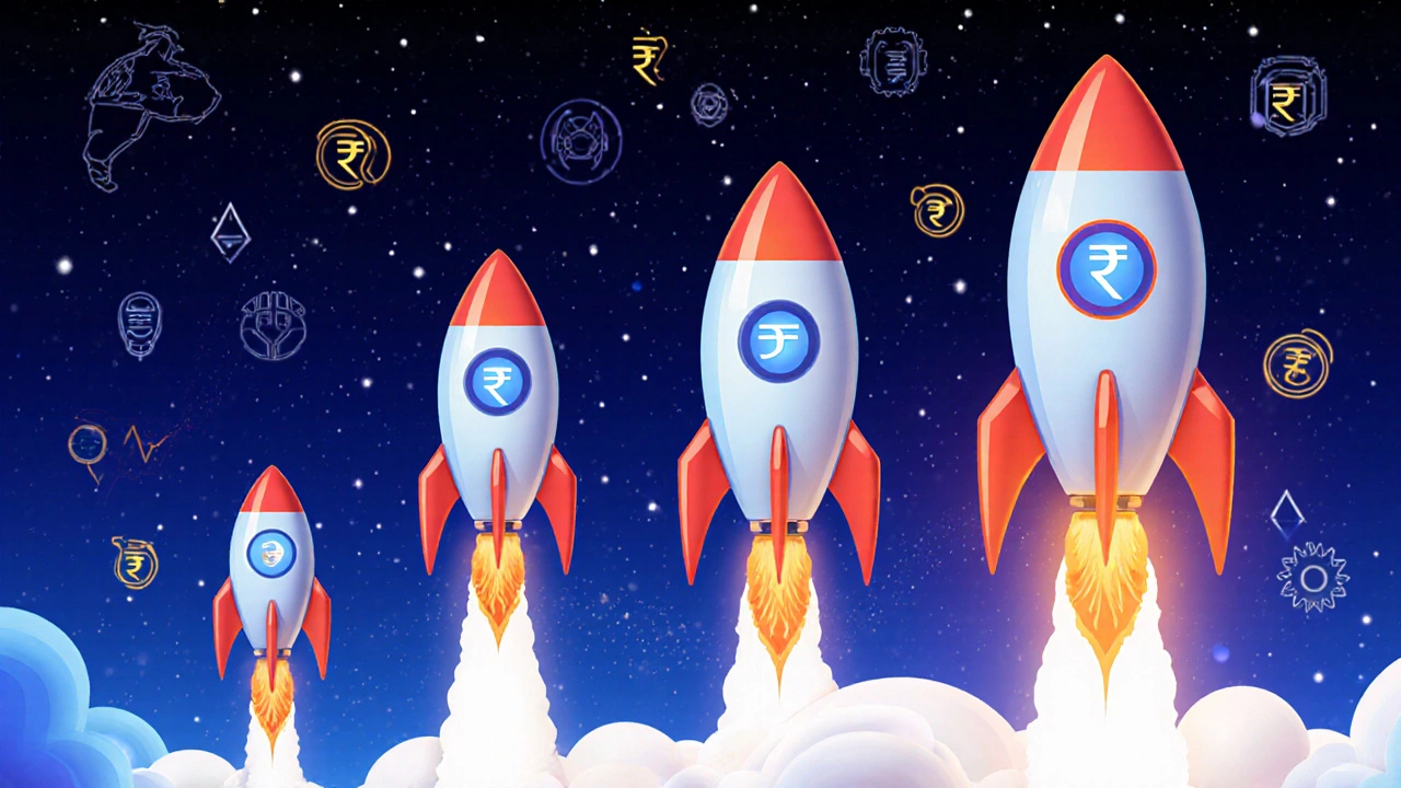 Four rockets of increasing size launch, representing seed to Series C+ funding stages.