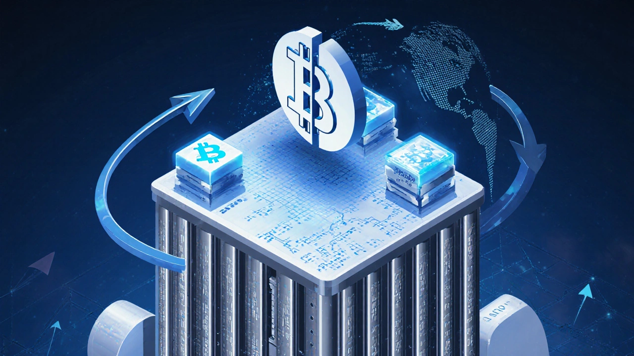 Futuristic mining rig with blockchain blocks, halving split symbol, and timeline arrow.