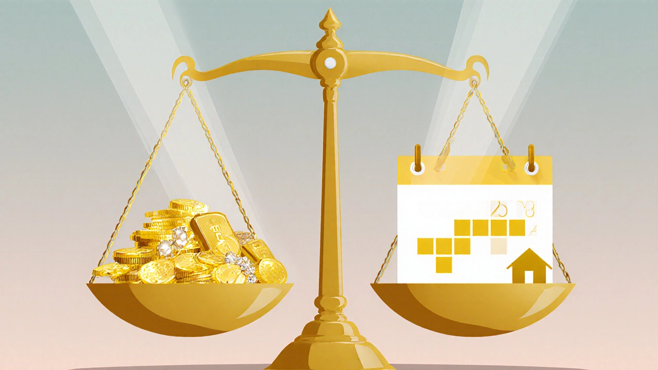 Golden balance scale contrasting gold assets with a calendar of repayment dates.
