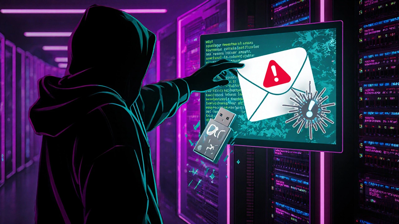 Hacker in a dark server room reaching for code, with phishing email and malware symbols nearby.