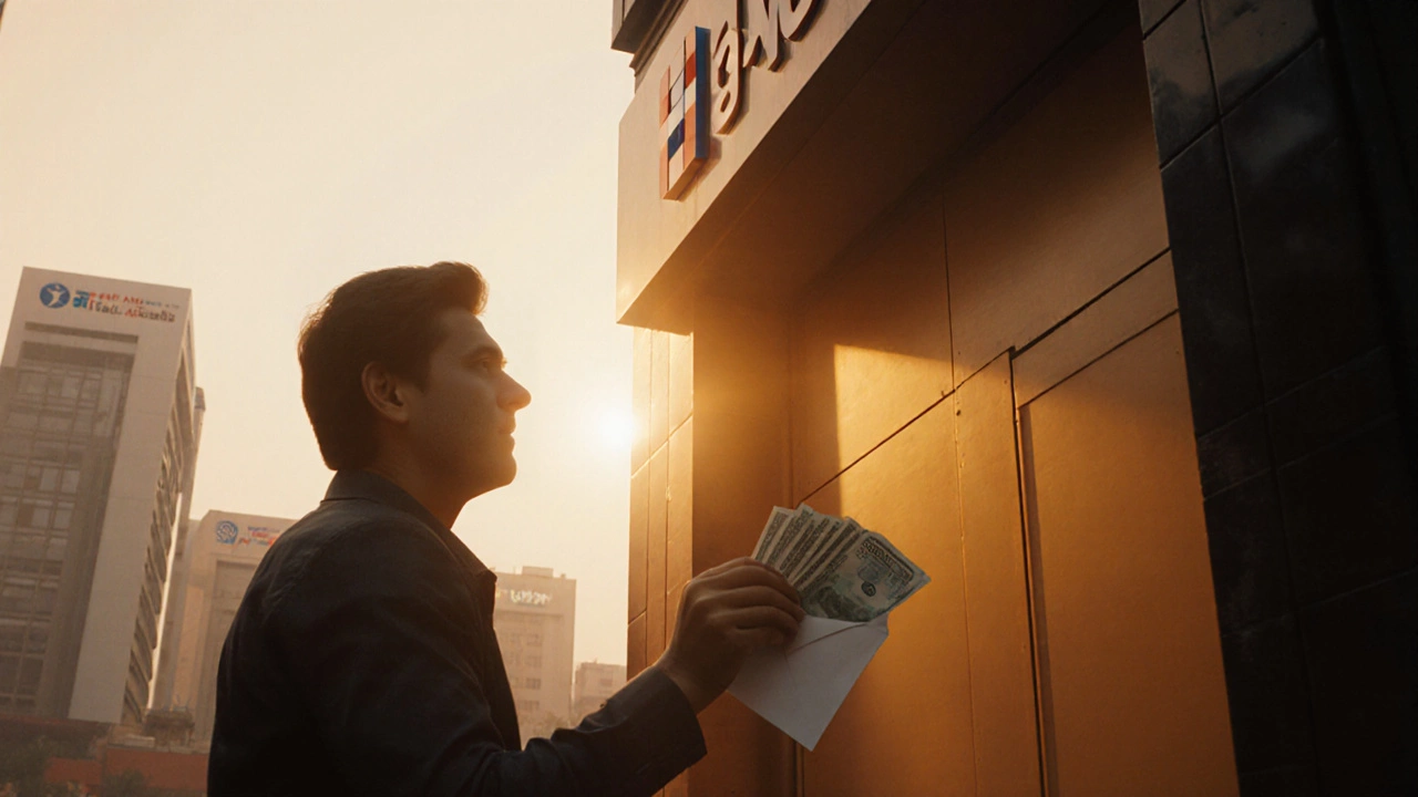 Happy borrower leaving HDFC Bank holding cash with sunrise background.