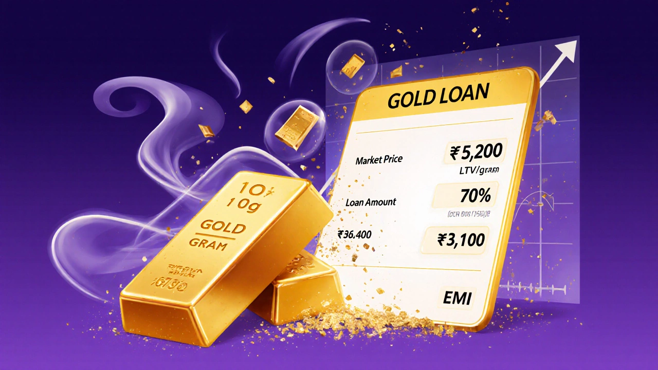 Illustration of gold bar and floating numbers illustrating loan calculation.