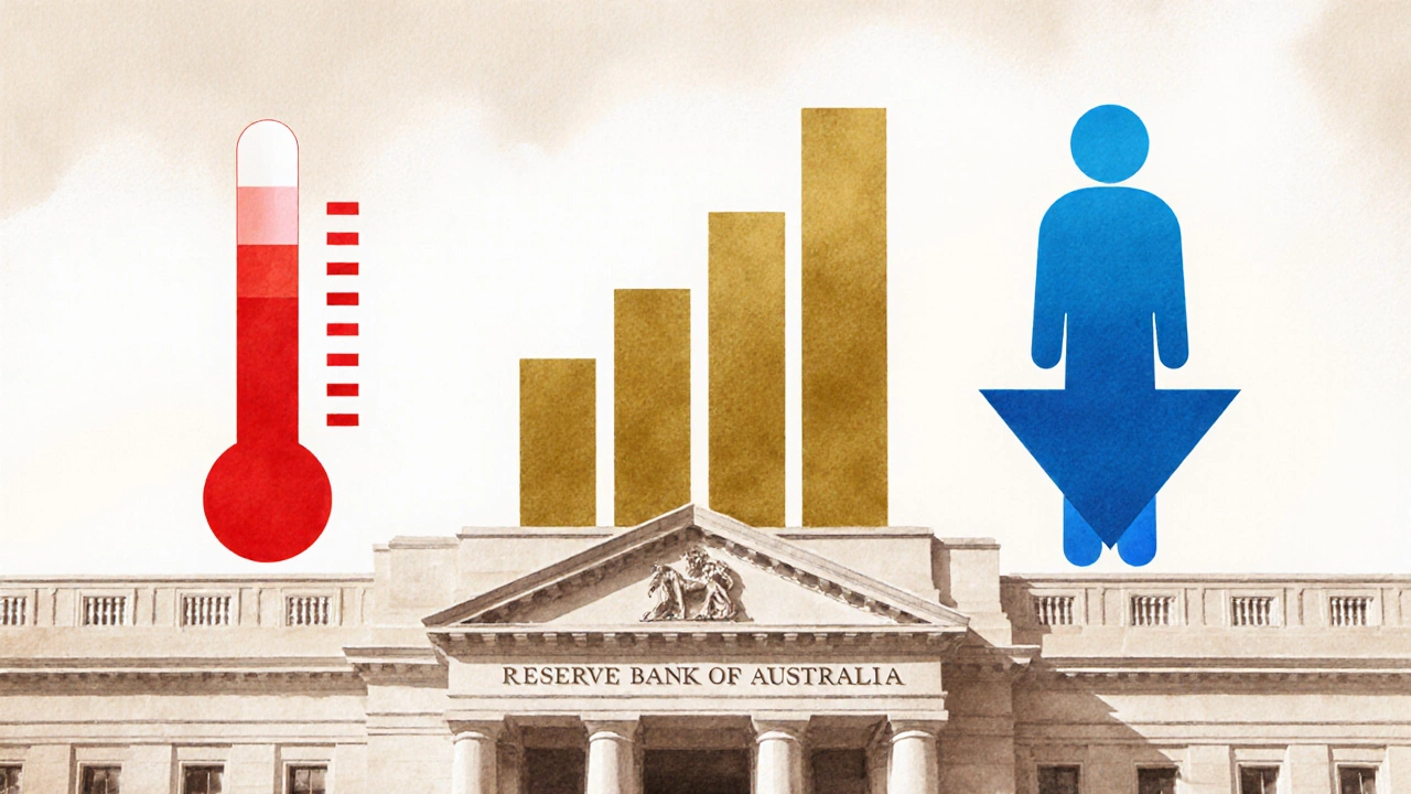 Illustration of inflation, GDP, unemployment icons around the RBA building.