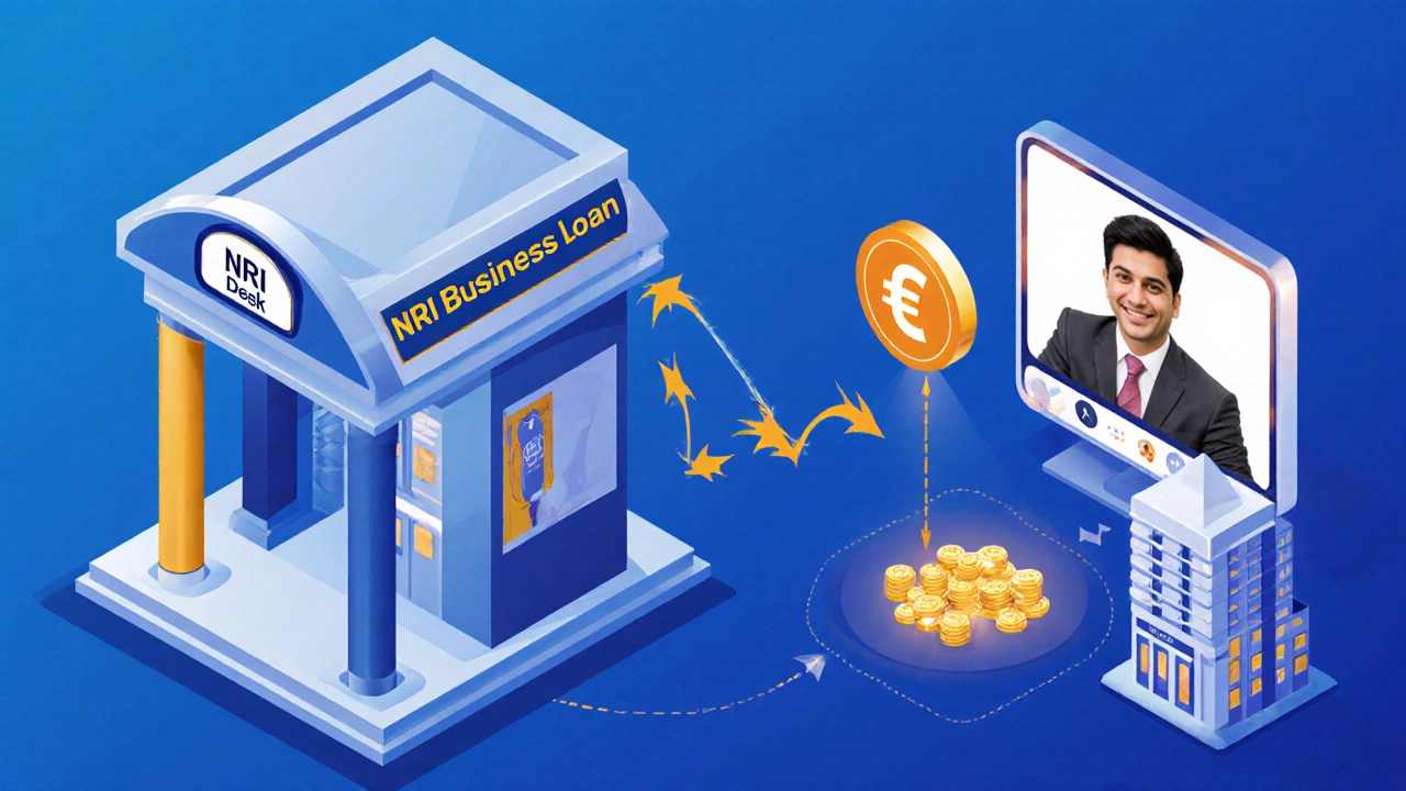 Isometric view of bank, video call, and fund flow illustrating the NRI loan application process.