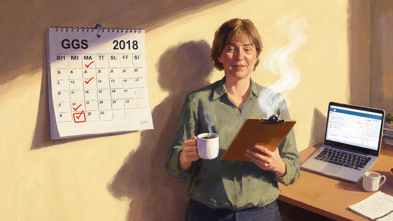 Owner with checklist, coffee, and calendar showing GST due dates, feeling relieved.