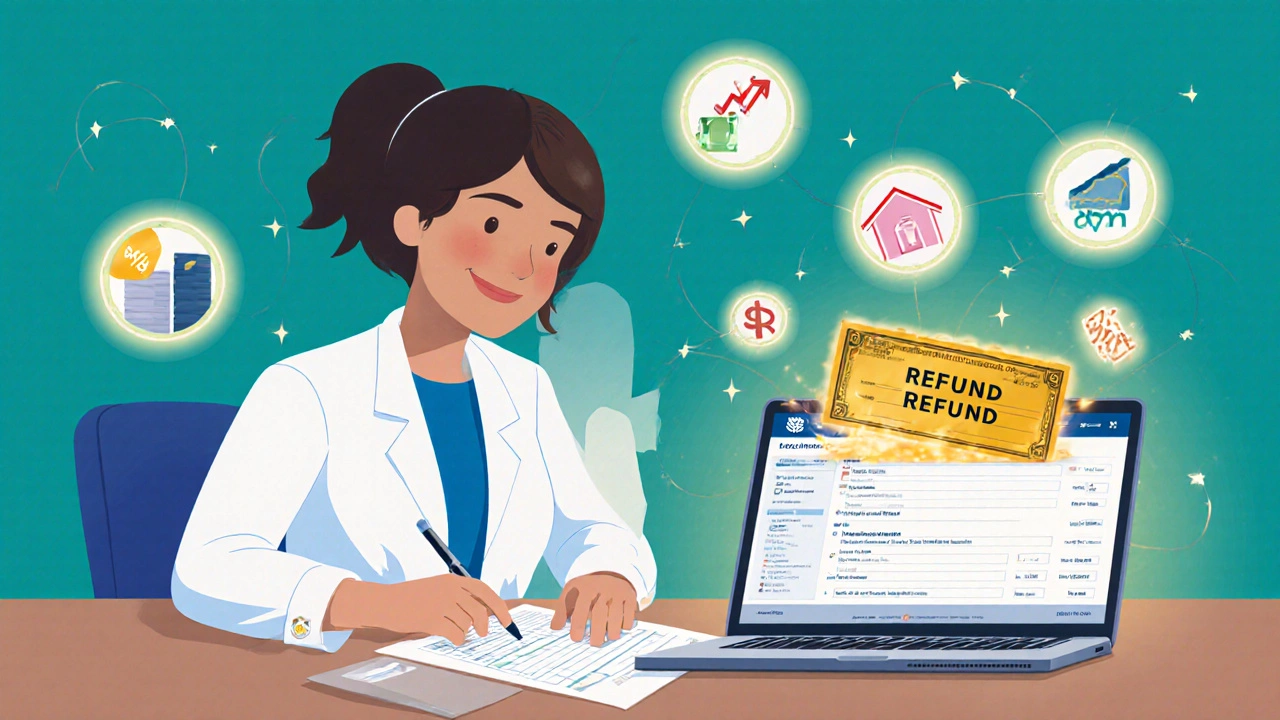 Person adjusting W‑4 and using tax calculator, surrounded by symbols of deductions and a larger refund check.