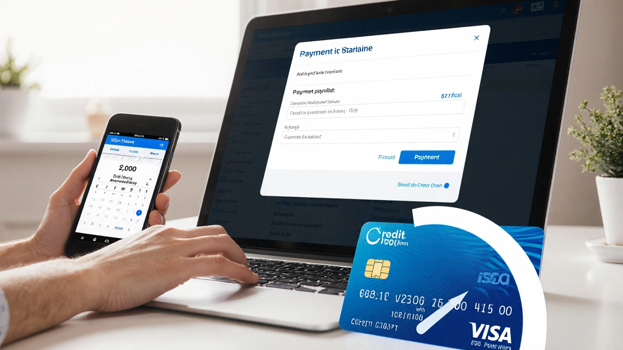 Person making an on‑time payment, with a rising credit‑score gauge beside the card.