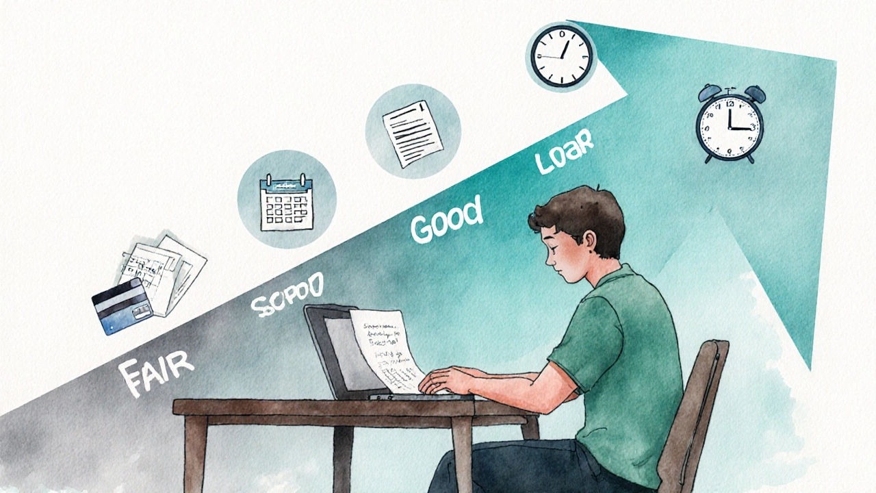 Person paying bills while a symbolic arrow of credit‑building steps rises from fair to good.
