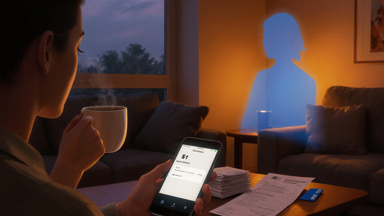 Person receiving a transaction alert on phone, credit card nearby.