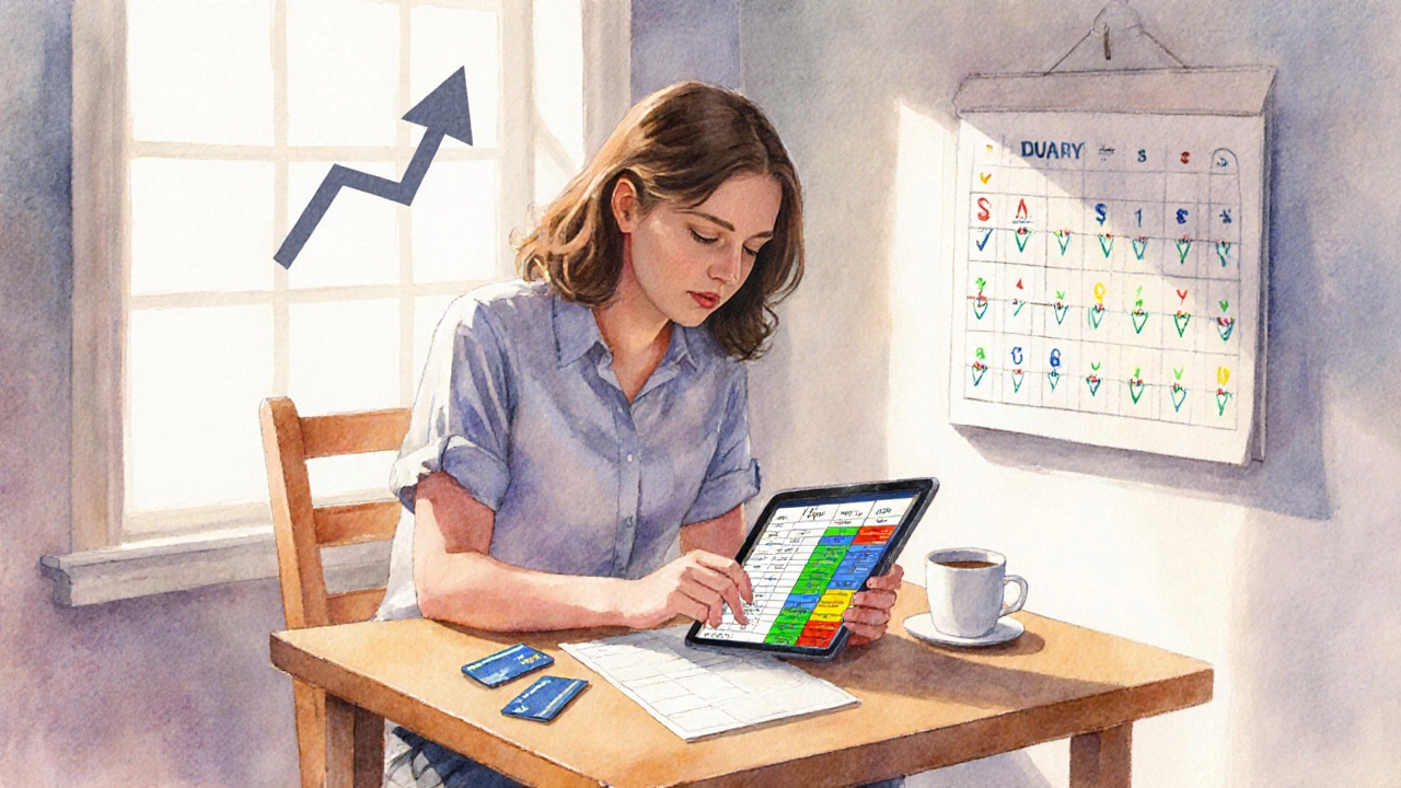 Person reviewing a spreadsheet beside credit cards, coffee, and calendar marks, with a rising arrow indicating score increase.