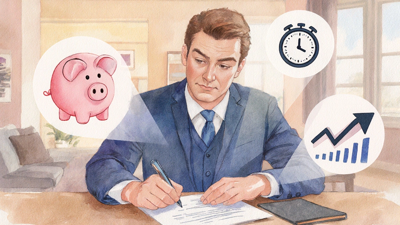 Person signs loan contract surrounded by icons for down payment, tenure, and rate.