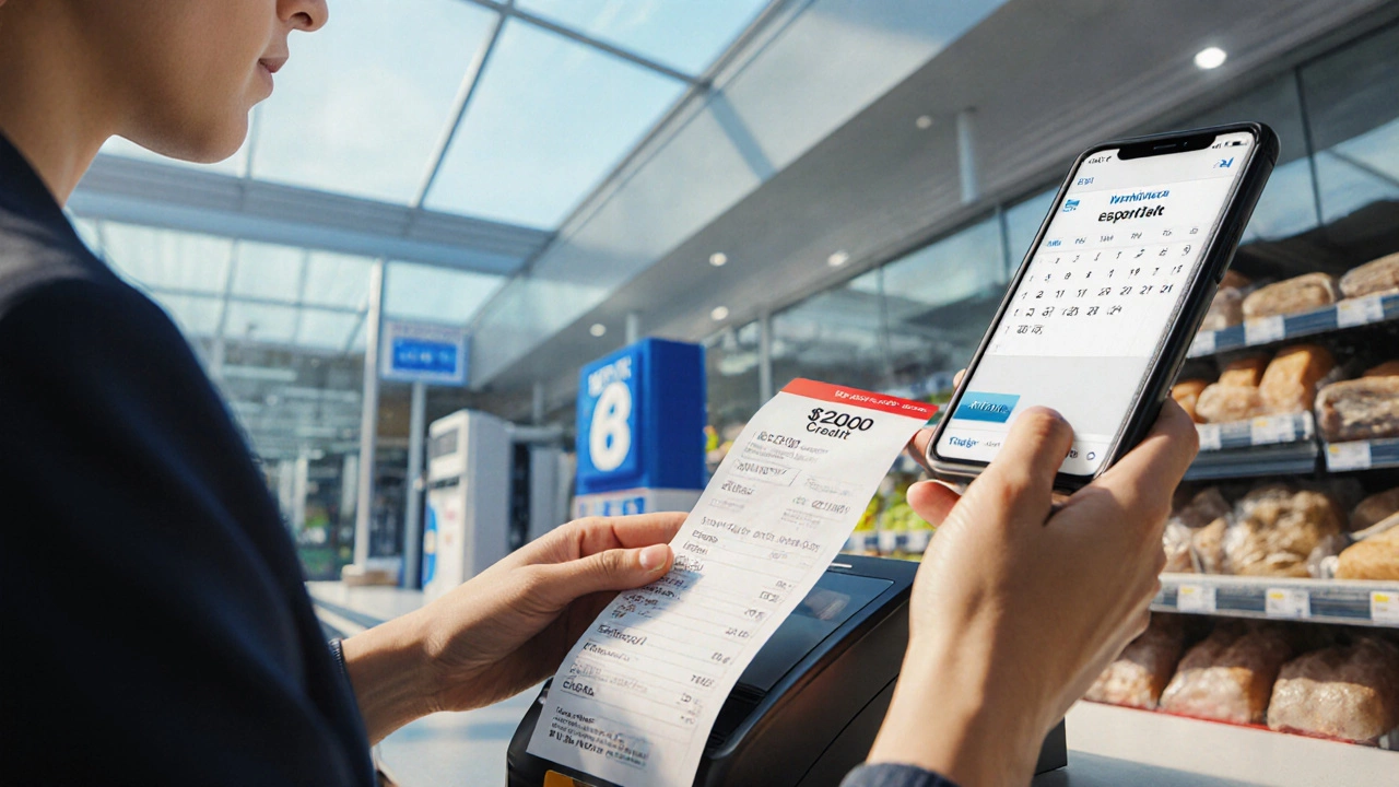 Person using a credit card at a grocery checkout with a 0 credit reminder.