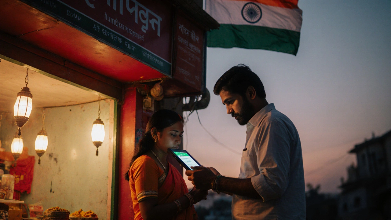Shop owner receiving loan confirmation on a tablet with a subtle Indian flag backdrop.