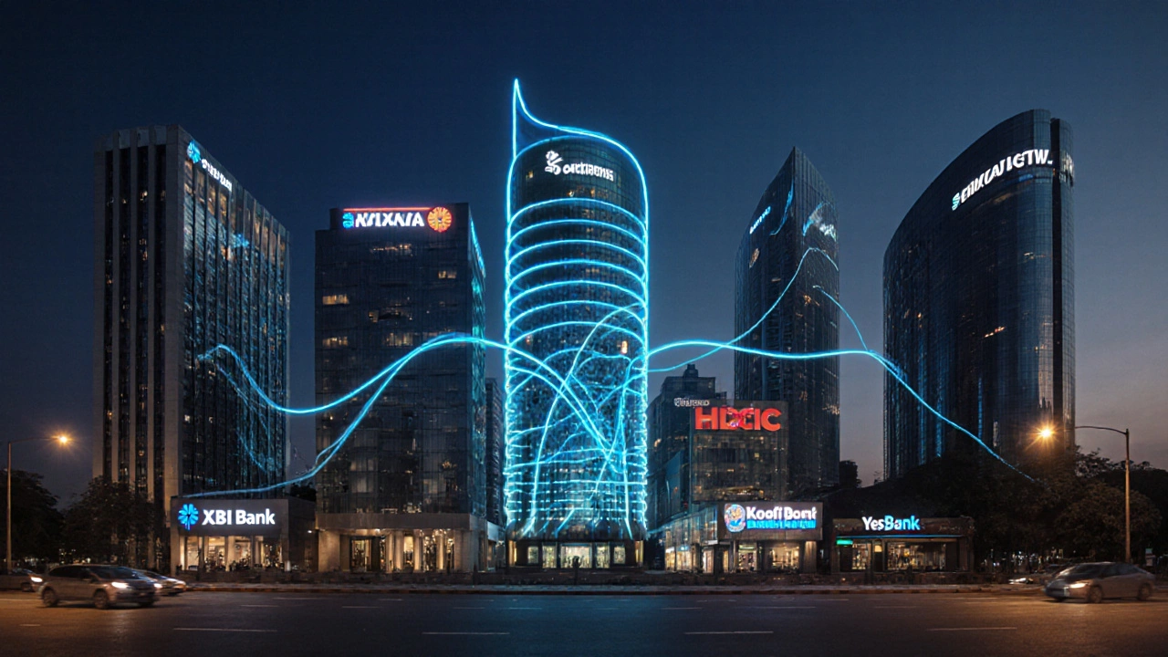 Six Indian bank facades at dusk connected by neon ribbons to a central glowing tower.