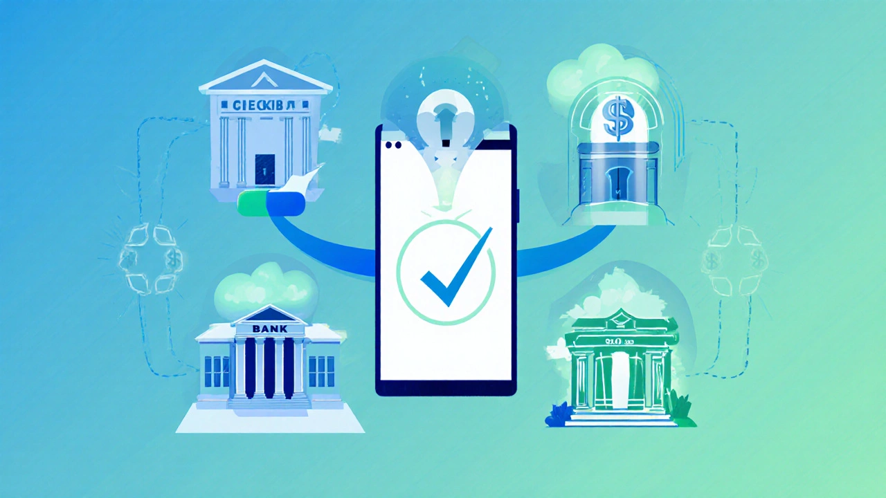 Smartphone with arrows moving funds to three different bank icons for automatic transfers.