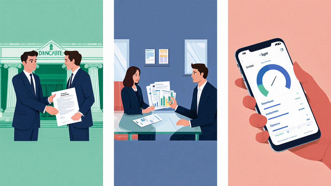 Split illustration showing banking, NBFC, and digital loan processes side by side.