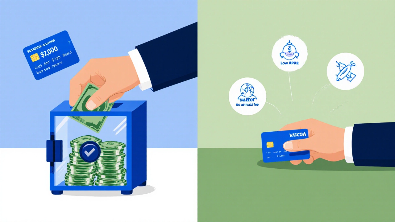 Split illustration showing secured card with cash deposit versus unsecured card with low APR.