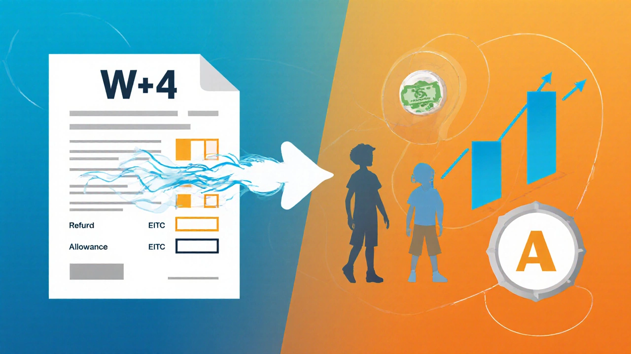 Split illustration showing W‑4 withholding and tax credit icons influencing refund size.