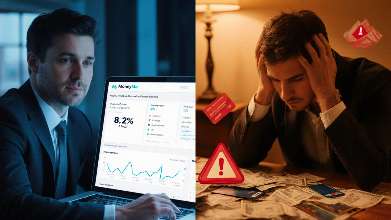 Split scene: confident borrower getting low APR vs stressed borrower facing high APR.