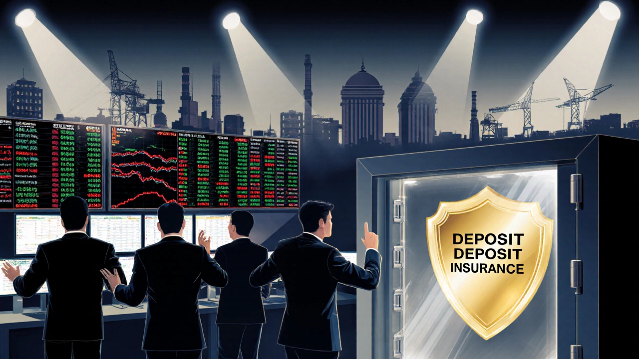 Stock exchange floor with traders, fluctuating screens, and a glowing shield representing deposit insurance.