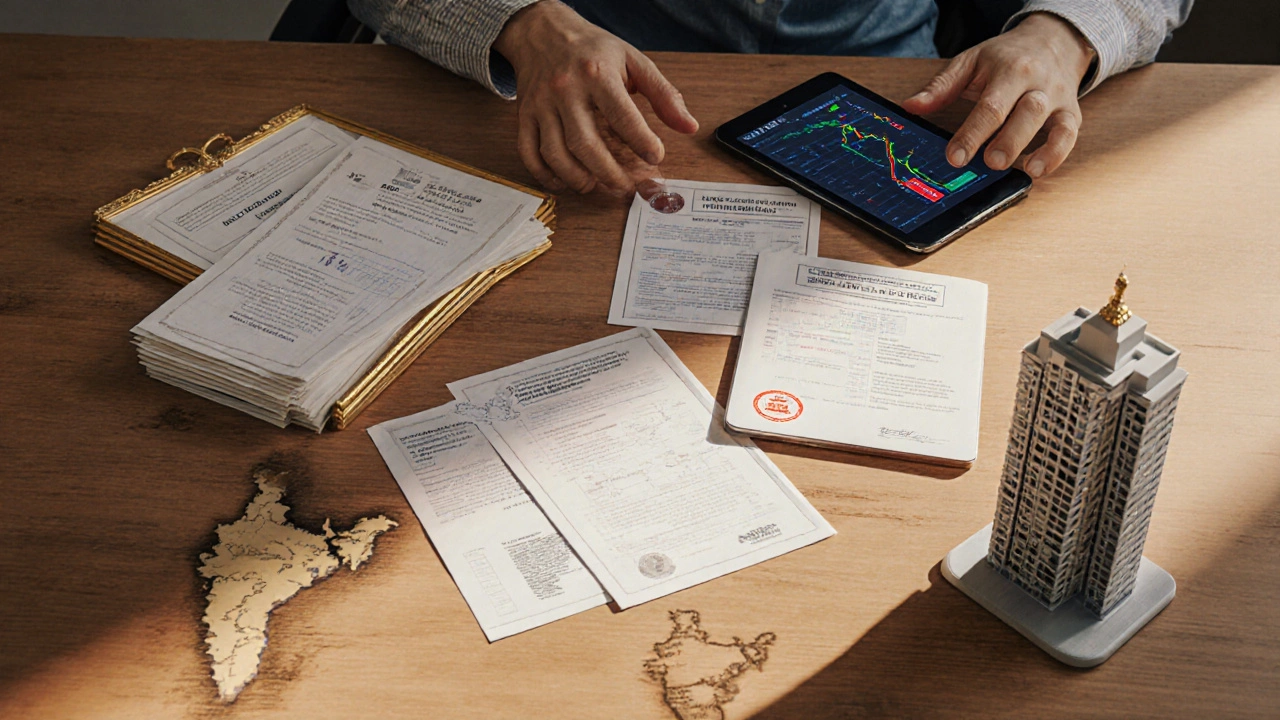 Table with NRE FD certificate, NRO paperwork, stock ticker tablet, bond document, and apartment model.