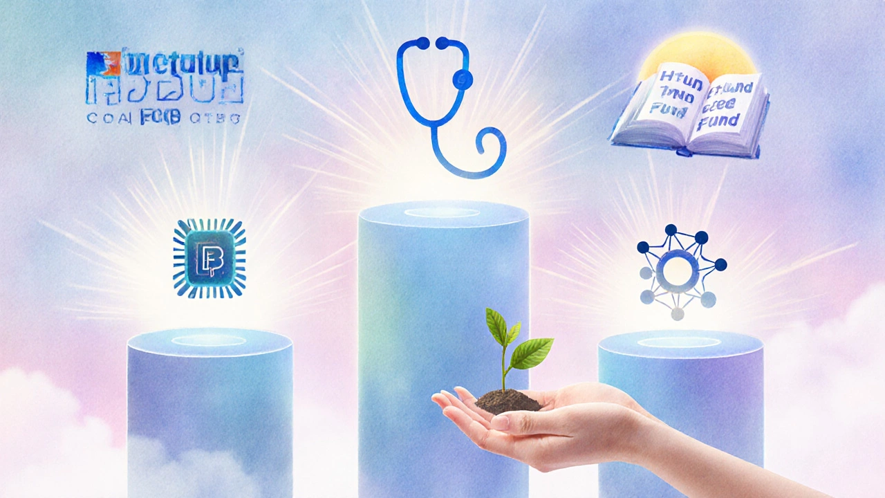 Three glowing pillars symbolize fintech, health‑tech, and AI, with a seed and book for government schemes.