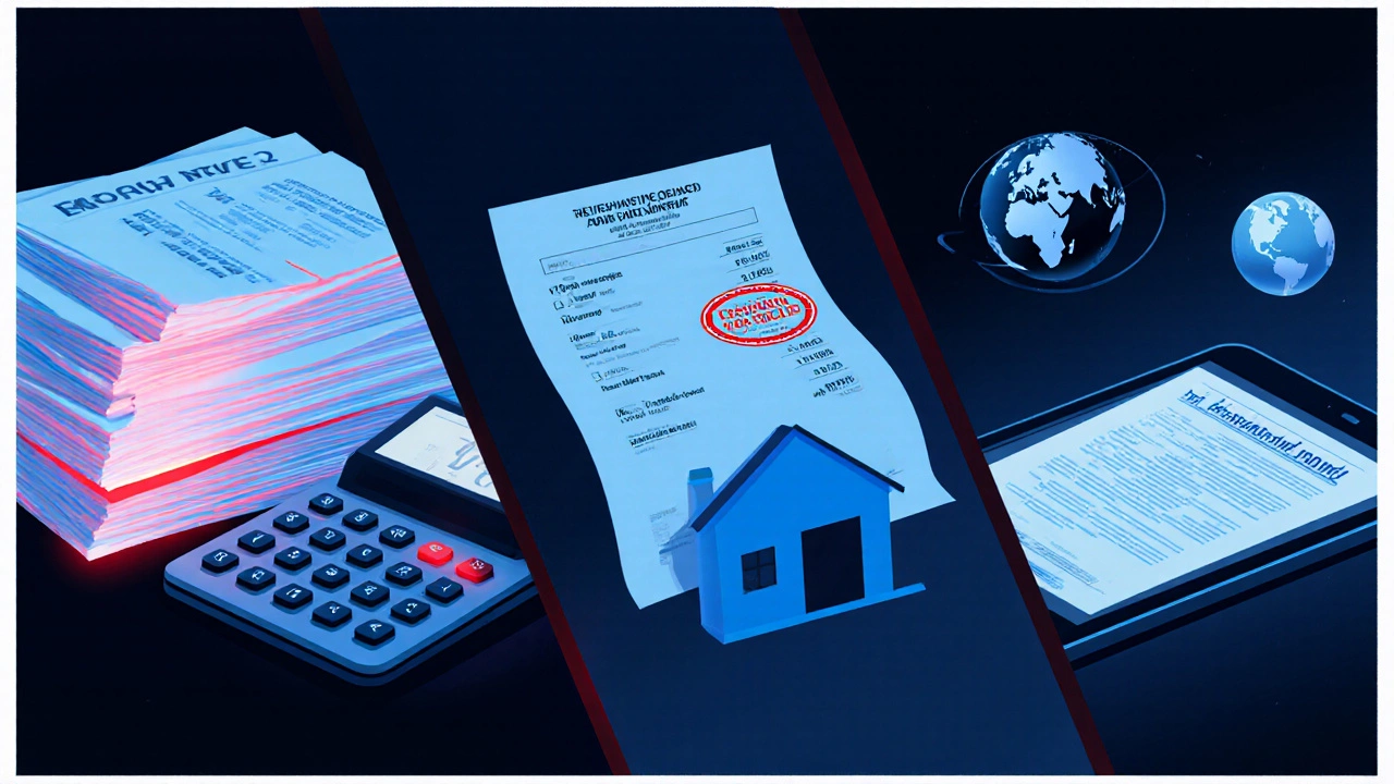 Three panels showing income mismatch, large charity receipt, and foreign bank statement as IRS red flags.