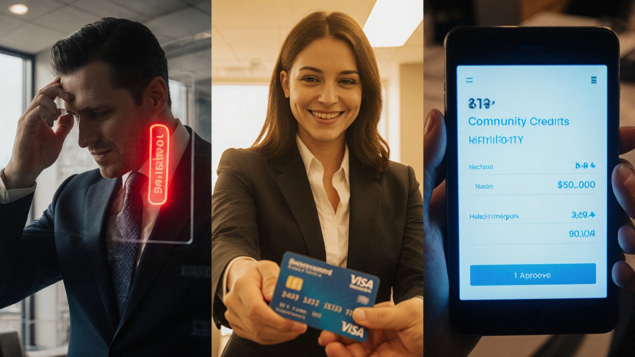 Three scenes: bank rejecting, credit‑union approving secured card, fintech approving with high APR.