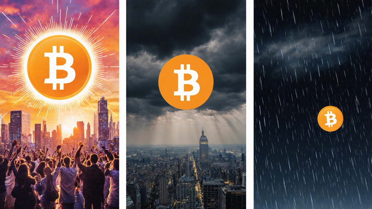 Triptych of three future scenes—bright city, balanced midday, stormy night—showing Bitcoin symbol at different scales.