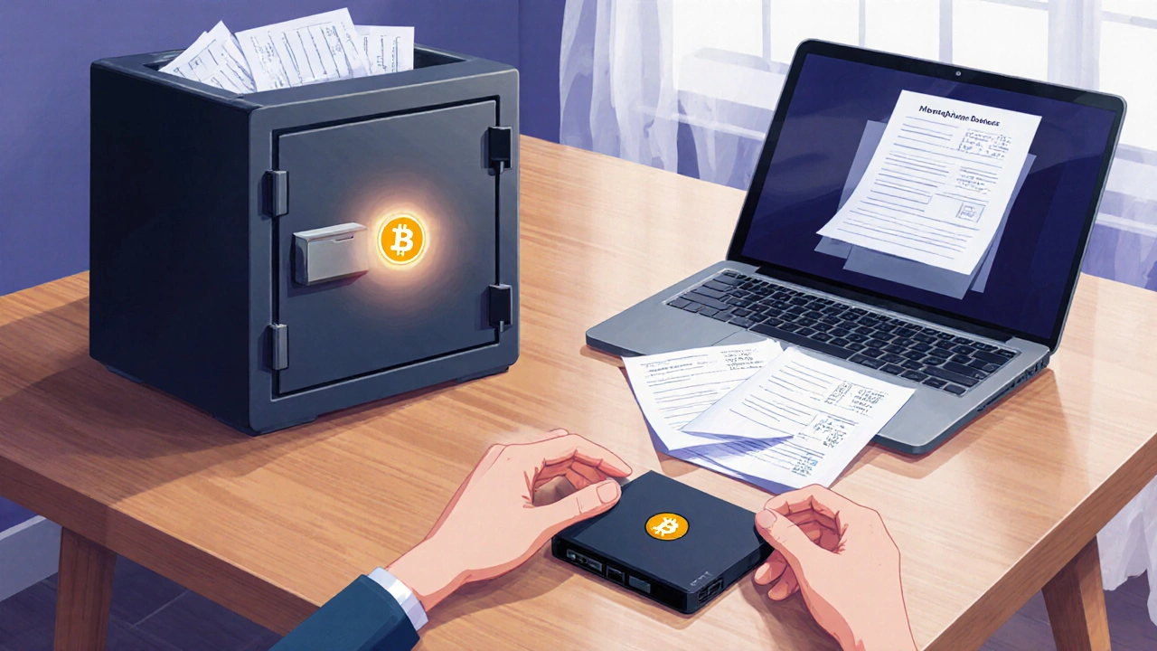 User placing a hardware wallet and paper recovery seeds beside a fire‑proof safe and laptop.