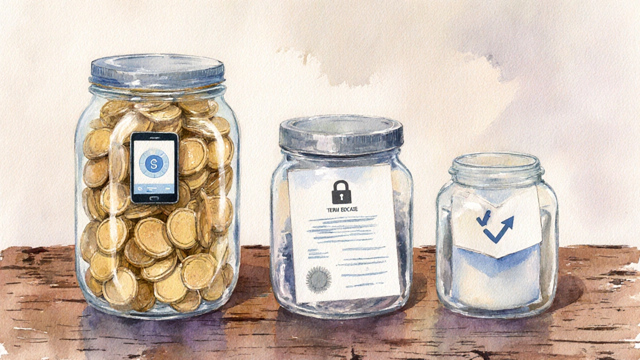 Watercolor of three jars filled with coins and symbols representing savings, term deposit, and bond investments.